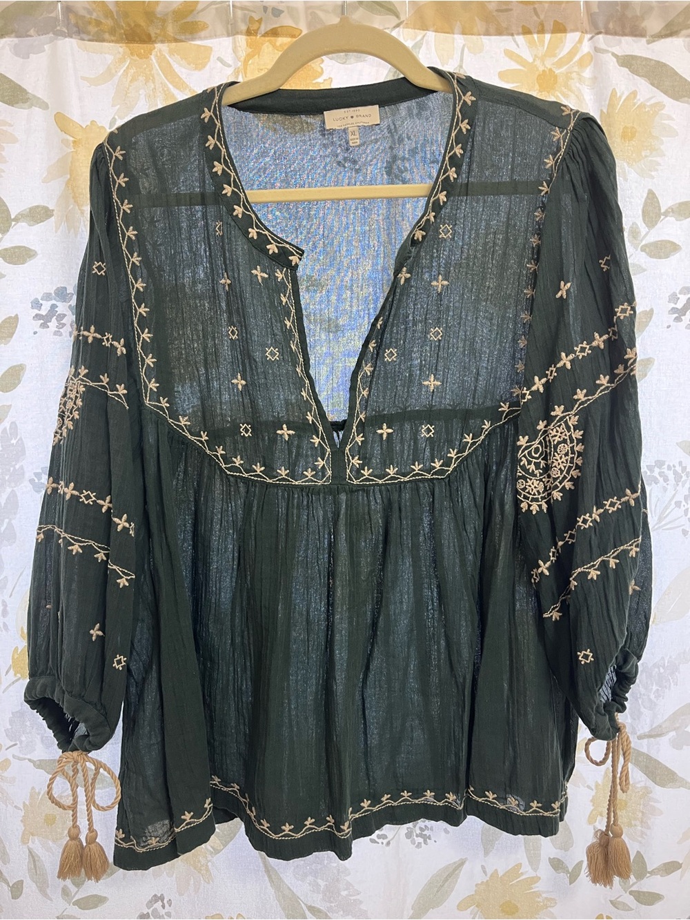 Lucky Brand Dark Green Sheer Embroidered Peasant Blouse